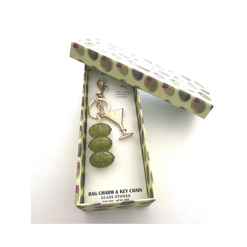 NIB Piper K Bag Charm Key Chain Martini Olive Kitsch Retro Charm